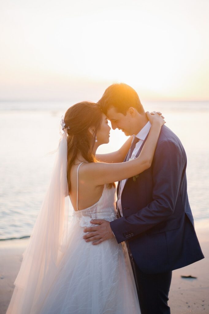 sunset, nature, couple, wedding, bride, groom, married couple, husband, wife, man, woman, romance, romantic, relationship, beach